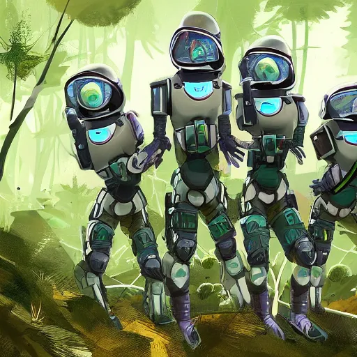 Prompt: a squad of space scouts and a tall robot wearing camo uniforms with white armor and helmets exploring a forest planet