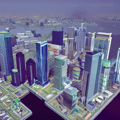 Prompt: canary wharf, screenshot from cities : skylines ( 2 0 1 5 ) pc game, isometric view, unreal engine, raytracing, volumetric fog resolution, ambient occlusion, anisotropy, shadow resolution, texture quality high, chromatic abberation, 8 k