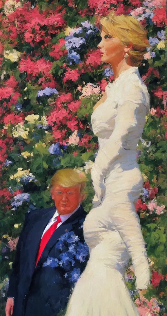 Image similar to romantic portrait of donald trump in an elegant dress surrounded by beautiful flowers, by gregory manchess, james gurney, james jean