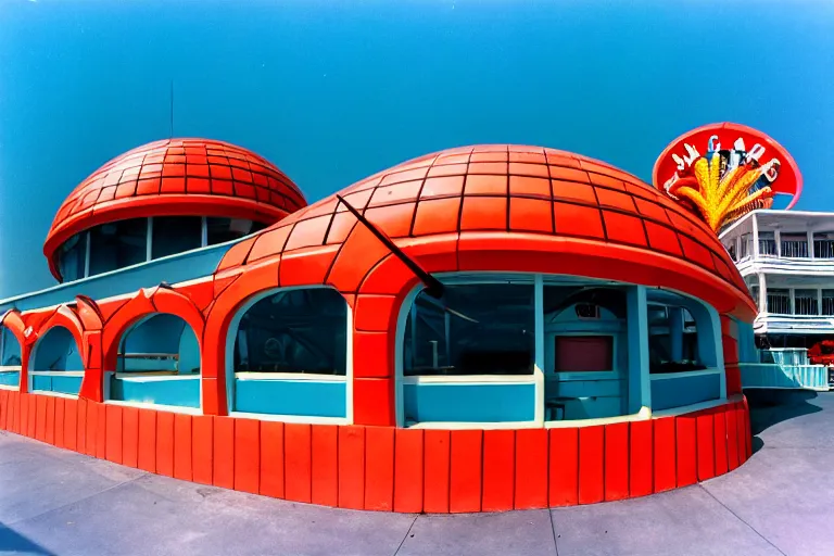 Image similar to 1 9 8 5 crab themed giant aquarium, googie architecture, one point perspective, americana, fishcore, exterior photography, hd 8 k, photography cinestill