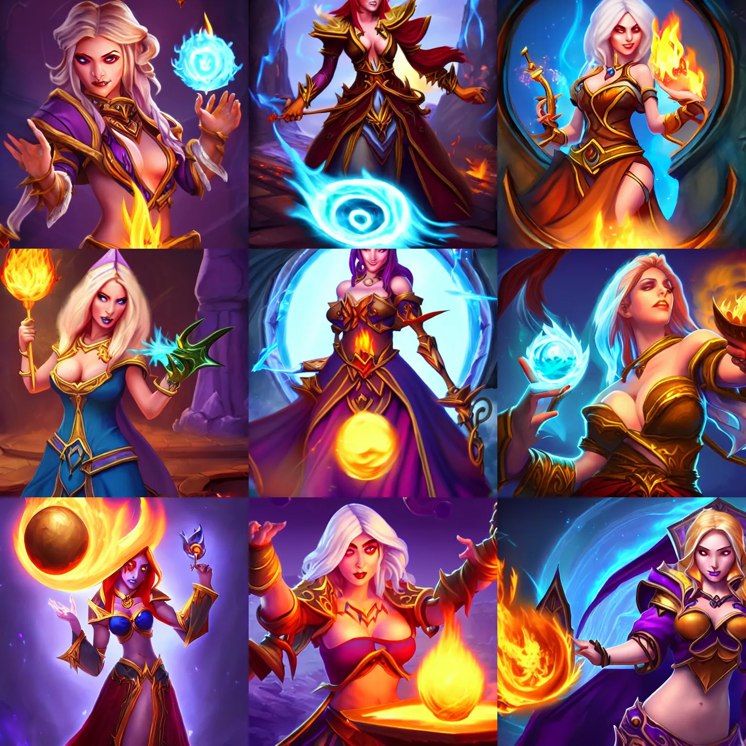 Prompt: a sorceress casting a fire ball, Hearthstone official splash art, small waist, wide hips, busty, full body