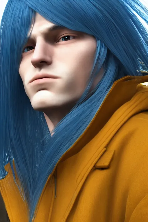 Image similar to a male teenager with long blue hair and yellow eyes wearing a winter overcoat, hyperrealistic, concept art, octane render, unreal engine 5, trending on artstation, high quality, 8 k, highly detailed, digital art, anatomically correct, symmetrical, realistic and defined face, profile picture, high coherence, path traced, beautiful, elegant clothes