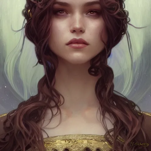 Image similar to character portrait by Magali Villeneuve and Steve Argyle,Livia Prima,Mucha,dress,fantasy art,beautiful,artstation,trending on artstation,intricate details,alluring,masterpiece