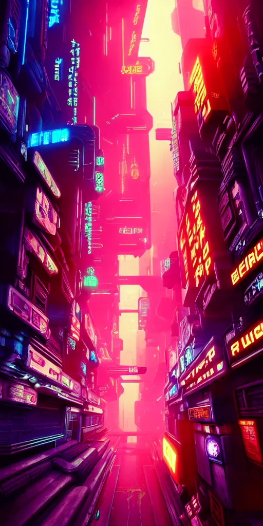 Image similar to epic cyberpunk arcade city : : blade runner, james guilleard, beeple, laurie greasley, dan mcpharlin : : ornate, dynamic, particulate, rich colors, intricate, elegant, highly detailed, centered, artstation, smooth, sharp focus, octane render, 3 d