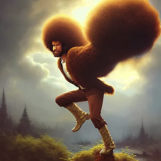 Image similar to bob ross!!! riding!!! a gryphon!!, giant afro!, model pose, ultra realistic, concept art, intricate details, highly detailed, photorealistic, octane render, 8 k, unreal engine. art by artgerm and greg rutkowski and alphonse mucha