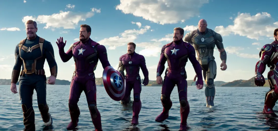 Image similar to a very high resolution image from a new movie. thanos waving at tony stark while capitan america watches on a lake, photorealistic, photography, directed by wes anderson