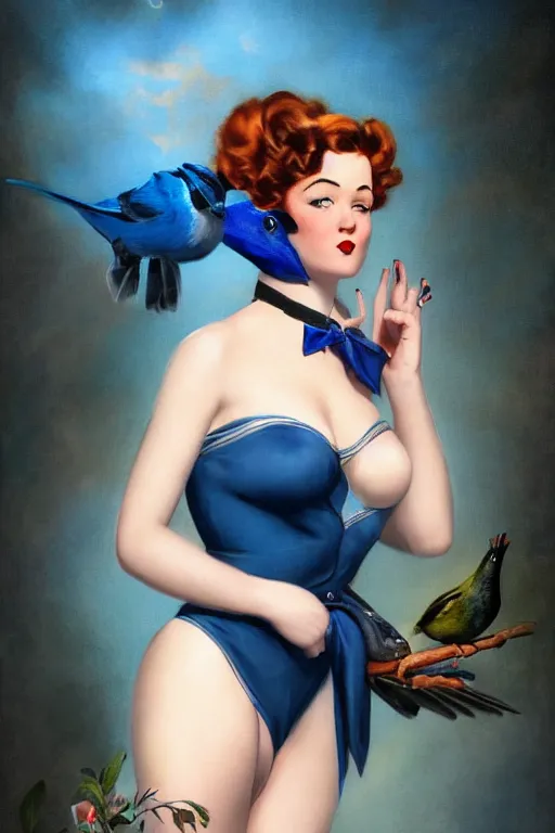 Prompt: pinup girl holding an indigo bunting, bird, the bird is wearing a bowtie by greg rutkowski, rossdraws, gil elvgren, enoch bolles, anime, porcelain skin, glistening, very coherent, ruffled plumage, hyper realistic painting, fashion lighting