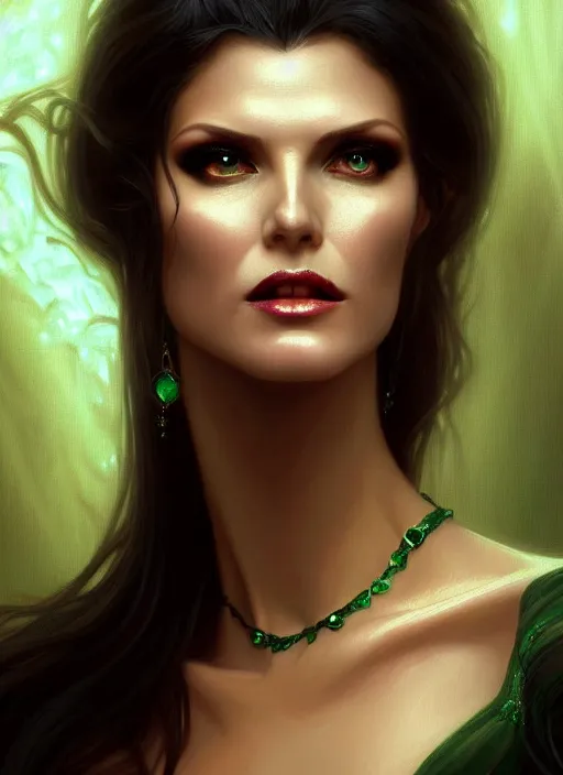 Prompt: portrait of victoria silvstedt as a sultry vampire lady, jewelry, greek, emerald, intricate, headshot, highly detailed, digital painting, artstation, concept art, sharp focus, cinematic lighting, illustration, art by artgerm and greg rutkowski, alphonse mucha, cgsociety