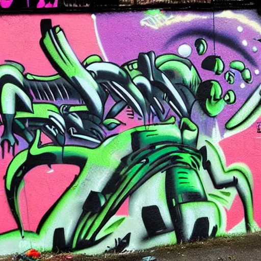 Prompt: aliens taking over a city, graffiti art