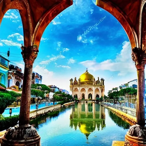 Prompt: amazing photo of heaven, paradise, city of God, temples, canals, arches, white marble and gold, lush vegetation