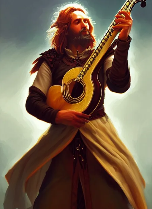 Image similar to a _ fantasy _ style _ portrait _ painting _ of charismatic bard playing instrument, rpg dnd oil _ painting _ unreal _ 5 _ daz. _ rpg _ portrait _ extremely _ detailed _ artgerm _ greg _ rutkowski _ greg