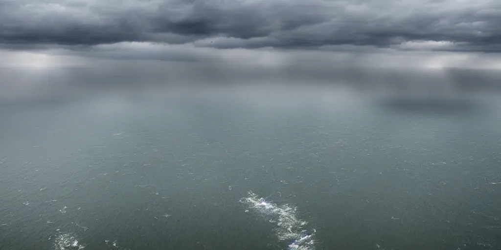 Image similar to ultra wide angle aerial photograph over lake erie, grey clouds, stormy, water spouts, creepy