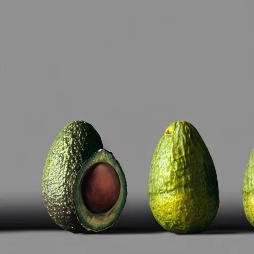 Prompt: four avocados lined up in a row, white background, dramatic lighting, illustration by greg rutkowski, yoji shinkawa, 4 k, digital art, concept art, trending on artstation