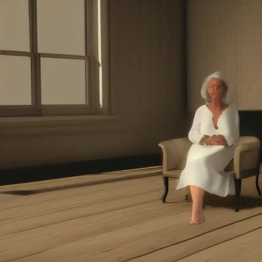 Prompt: a woman in a white dress sitting in a chair, concept art by john carpenter, reddit, hypermodernism, playstation 5 screenshot, unreal engine 5, criterion collection