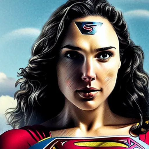 Image similar to an potrait of gal Gadot cast of movie man of steel and wearing a superman suit, photorealistic high detail, view from below, High Quality.