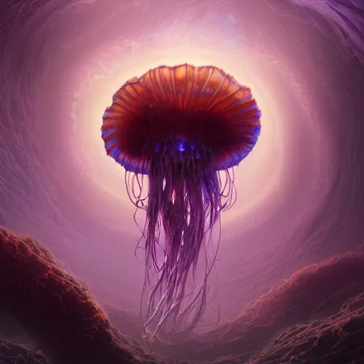 Image similar to photorealistic beautiful ethereal jellyfish planet in the style of michael whelan and greg rutkowski. hyperdetailed photorealism, 1 0 8 megapixels, amazing depth, glowing rich colors, powerful imagery, psychedelic overtones, 3 d finalrender, 3 d shading, cinematic lighting, artstation concept art