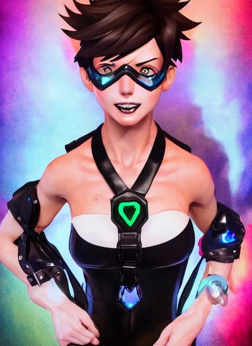 Image similar to portrait bust digital artwork of tracer overwatch, wearing black iridescent rainbow latex tank top, 4 k, expressive happy smug expression, makeup, in style of mark arian, angel wings, wearing detailed black leather collar, chains, black leather harness, detailed face and eyes,