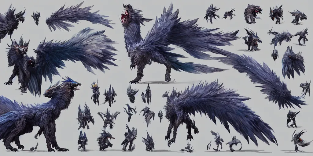 Image similar to Azure feathered winged wolf character design sheet, Monster Hunter Illustrations art book, big claws, huge wings, long tail, Moebius, Greg Rutkowski, Zabrocki, Karlkka, Jayison Devadas, Phuoc Quan, trending on Artstation, 8K, ultra wide angle, zenith view, pincushion lens effect.