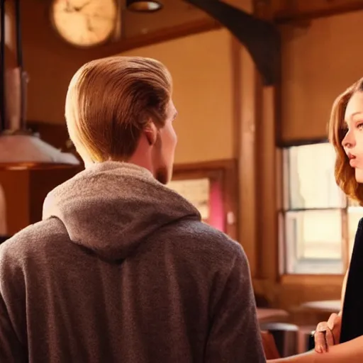 Prompt: photo of a tall guy with dark blond hair bun dating a blond girl in an old restaurant, Gilmore girls aesthetic, realistic, beautiful lighting