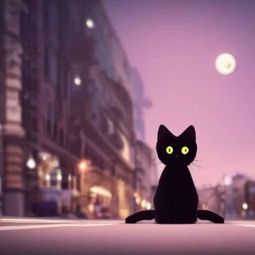 Prompt: the most beautiful black cat ever seen with big eyes in the middle of the street at mid night with the moon in the sky. Award winning. Unreal 5. Realistic. Highly detailed. Artstation. Professional photographer.