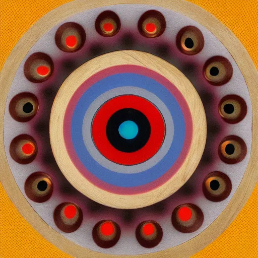 Prompt: a circular pattern of red yellow and grey - blue eye shapes, intricate, made of wood