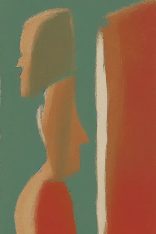 Image similar to man looking at his reflection in the mirror, 1960’s minimalist advertising illustration, painterly, expressive brush strokes