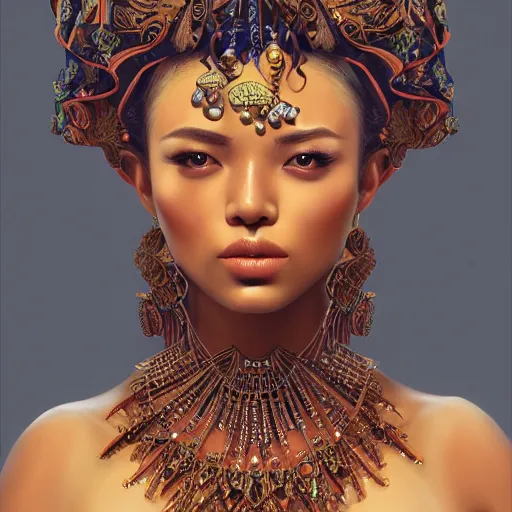 Image similar to Beautiful detailed portrait of an exotic goddess by Nick Silva, Shin JeongHo, Wandah Kurniawan, Symmetrical composition with people centered, realistic proportions, trending on artstation