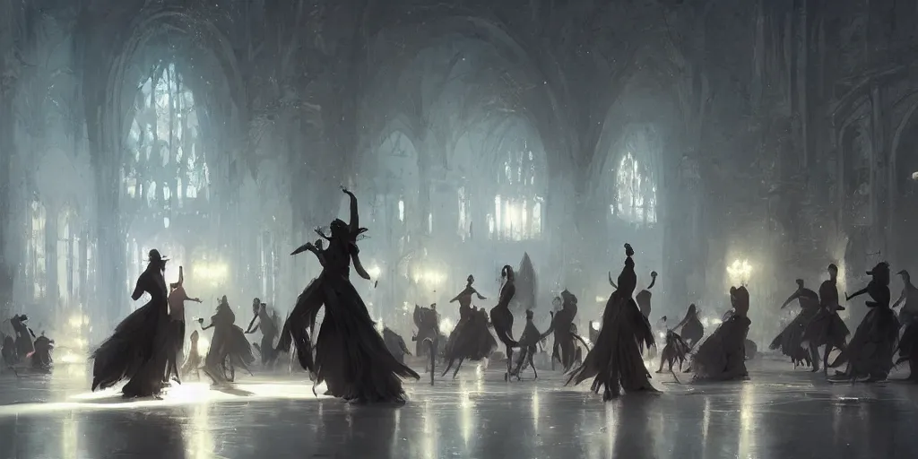 Image similar to beautiful render of a ballroom, concept art, some dancers, at night, medieval!!, very bright, artstation, detailled, manga!, fantasy! by greg rutkowski