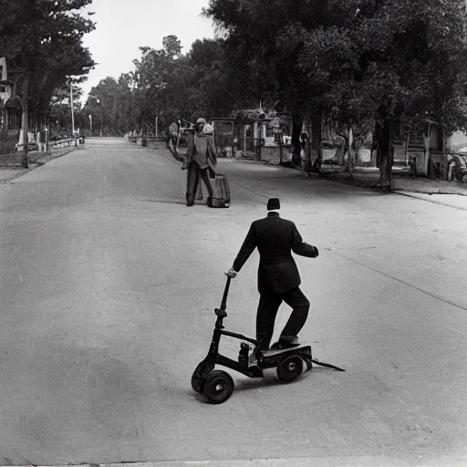 Prompt: photograph of an eldery gentleman towing an artillery cannon with a mobility scooter on a street