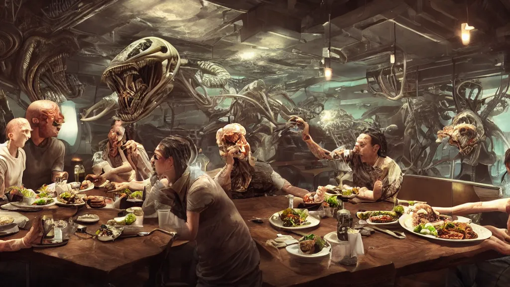 Prompt: aliens brainsuckers eating brains in restaurant by katsuya terada, photorealism, hyper realism, octane render, 8 k, hyper detailed.