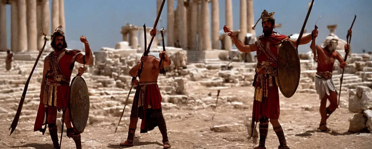 Prompt: a greek warrior with a spear, cloudy, small details, intricate, canon 5 0 mm, high detail, intricate, cinematic lighting, photography, wes anderson, film, kodachrome