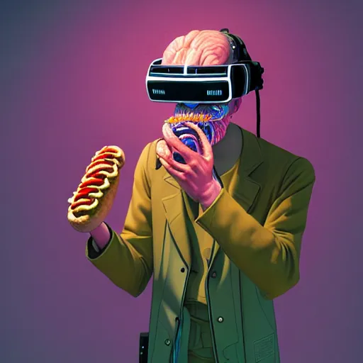 Image similar to Colour Photography of 1000 years old man with highly detailed 1000 years old face wearing higly detailed cyberpunk VR Headset designed by Josan Gonzalez. Man eating higly detailed hot-dog. In style of Josan Gonzalez and Johannes Vermeer and Mike Winkelmann and Caspar David Friedrich. Rendered in Blender