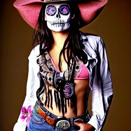 Prompt: female, mila kunis, skull paint, dia de Los muertos, trenchcoat, day of the dead, full body, smiling, cowboy hat