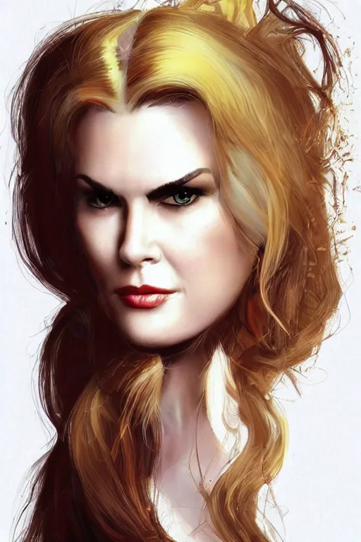 Image similar to mix of beautiful young maria shriver, mariel hemmingway, brooke shields, nicole kidman and elle macpherson as a dominatrix, thin lips, hair tied up in a pony tail, dark blonde hair, colorful, deviantart, artstation, cgsociety