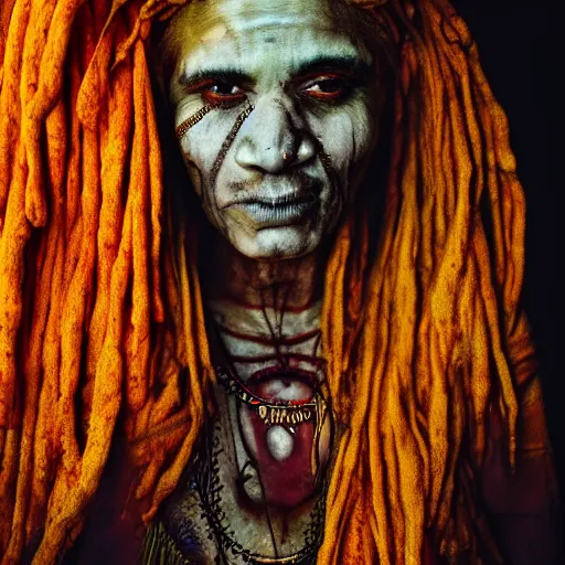 Image similar to realistic expired kodak film portrait of aghori albino india woman tentacled creature mix, marigold celestial vibe, hyperrealism, hypermaxiymalism, photorealistic, detailed, atmospheric, 8 k, award winning photography, cinematic