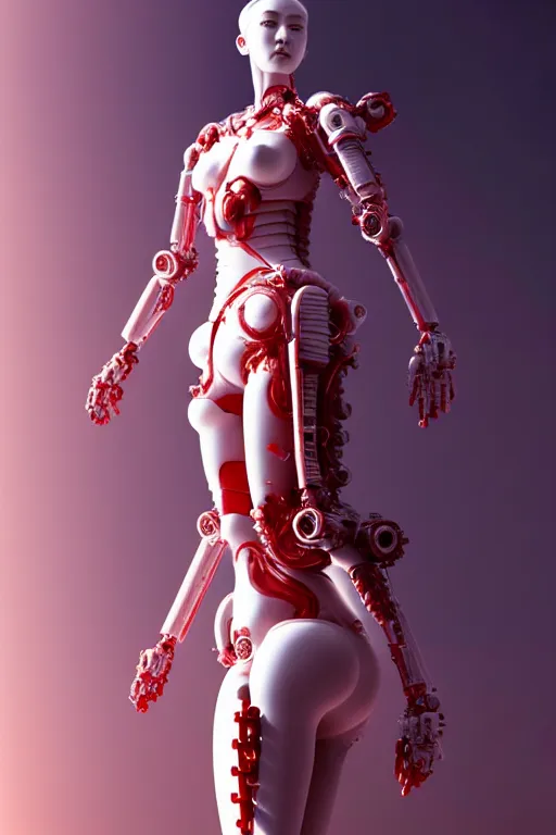 Image similar to a statue made of red marble, of an beautiful chinese girl, full body shot, perfect body, white biomechanical, inflateble shapes, wearing epic bionic cyborg implants, masterpiece, intricate, biopunk futuristic wardrobe, vogue, highly detailed, artstation, concept art, background galaxy, cyberpunk, octane render