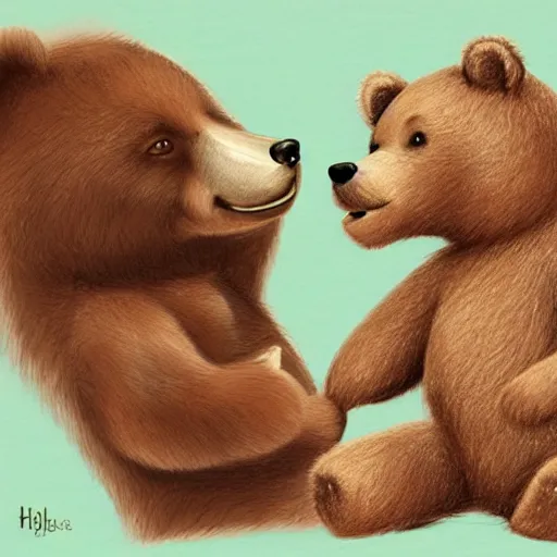 Image similar to drawing of a bear playing with a baby human doll. digital art. high quality. high fidelity