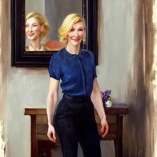 Image similar to painting of cate blanchett, fullbody, in low-cut blouse in front of a mirror, painting by Vladimir Volegov