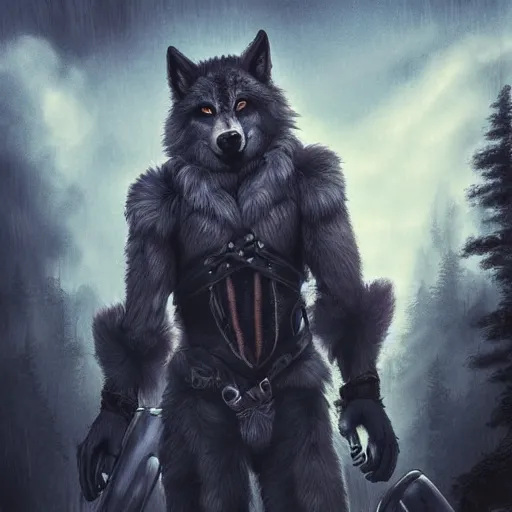 Prompt: male anthropomorphic anthro strong male wolf man character wearing a fantasy mercenary uniform, forest background during sunset, handsome eyes, moody rembrandt lighting, professional digital art by tetsuya nomura, detailed art, excellent quality, amazing, beautiful fur