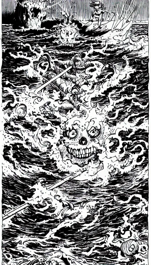 Prompt: man on boat crossing a body of water in hell with creatures in the water, sea of souls, by eiichiro oda