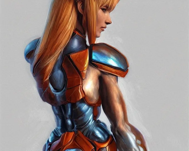 Image similar to 3 d render of samus aran showing her muscular back, elegant, detailed, fantasy, hd shot, digital portrait, beautiful, artstation, comic style, unreal engine, by artgerm, guy denning, jakub rozalski, magali villeneuve and charlie bowater