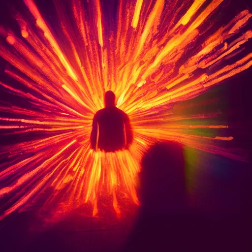 Image similar to a human exploding with color light, studio medium format photograph