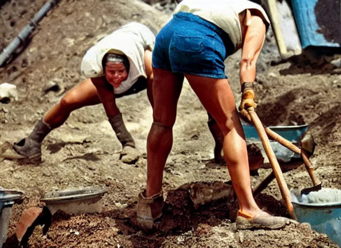 Image similar to 90's professional color photograph, A muscular woman who labors in the mines.