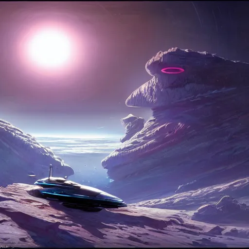 Image similar to beautiful matte painting of an exploration exocraft vehicle on a frozen alien world, ringled planet seen above in the clouds, ravine in front, cinematic angle, cinematic lighting, blue sky, by Syd Mead, John Harris, Federico Pelat, Star Citizen, Battlestar Galactica