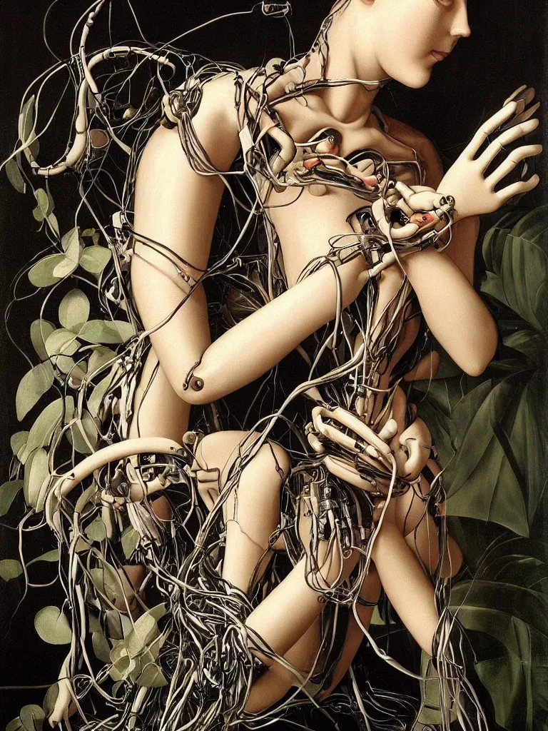 Prompt: portrait of a beautiful female android robot holding a realistic anatomical heart in her hands and crying, there are wires coming from her heart, tangled and entwined with her long flowing hair, mecha, biopunk, white xenomorph, bones, surrounded by tropical plants, black background, painting by Raphael, by Caravaggio