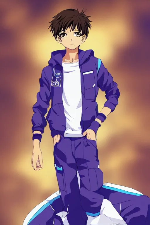 Image similar to portrait of a teen boy wearing a blue and white jumpsuit, brown spiky hair, tan skin, purple eyes, detailed, anime key visual, hisashi hirai