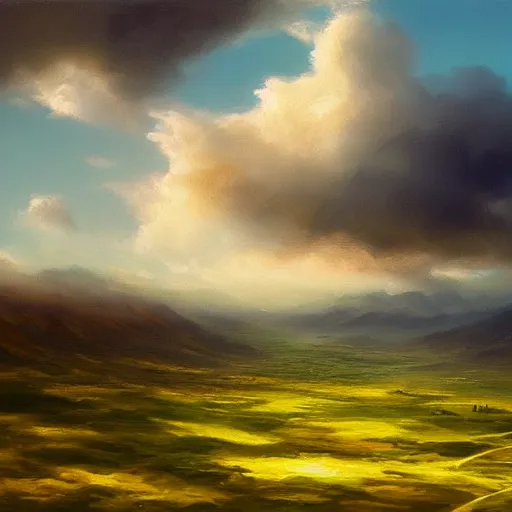 Prompt: green valleys across the horizons, beautiful clouds, natural beauty, soft focus, oil painting, high quality, highly detailed, concept art