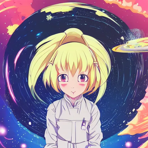 Prompt: portrait of a young astronaut girl, flowing white hair, kyoto animation, yoshitoshi abe, loish, murata range, synthwave, cosmic, kawaii,high contrast bright colors, big anime eyes,studio lighting, manga, anime, 1980s, vibrant, beautiful, dreamy, gradation, jean giraud, ((space nebula background))