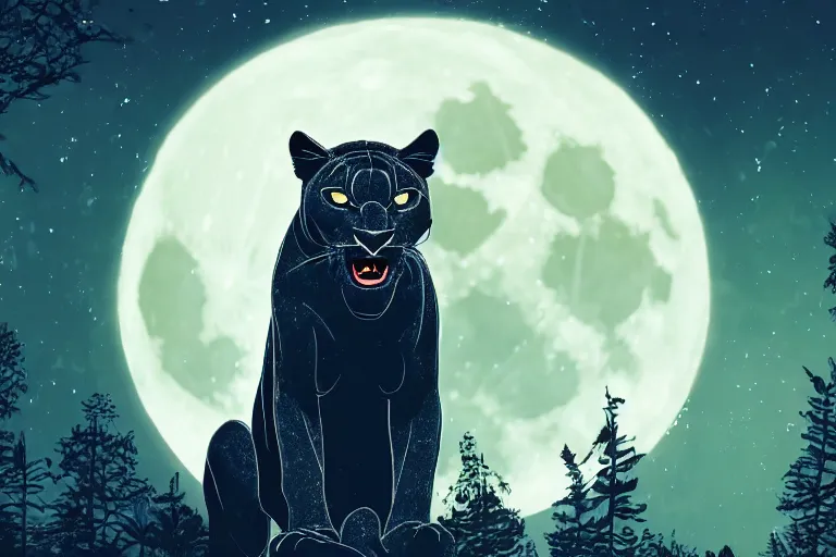 Image similar to a panther roaring at the moon in a forest during the night, large moon in the center. high quality. artistic. illustration. 4 k. cinematic. photoreal. highly detailed. dramatic. dark colors. night.