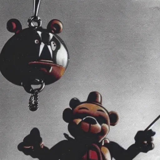 Image similar to vintage photograph of freddy fazbear being dangled by a helicopter